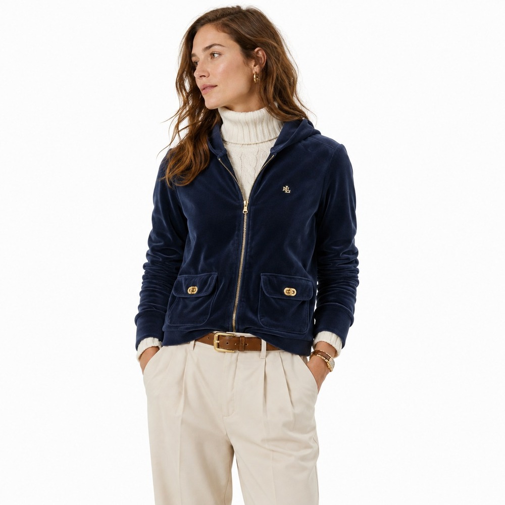 Lauren Ralph Lauren Womens P/M Navy Velour Hoodie Gold Hardware Y2K Preppy